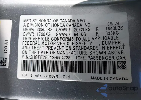 2025 Honda Civic Sport z USA, uszkodzony, nr VIN 2HGFE2F51SH504728